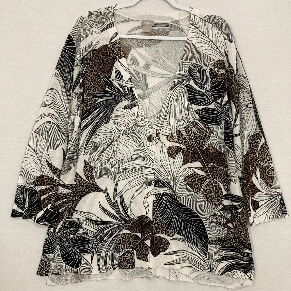 Chico's Brown Gray V Neck Leaf Print Stretch Soft Lightweight Cardigan size XL/3